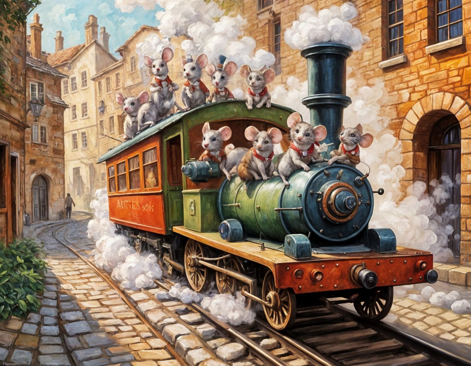 Painterly impasto. A whimsical scene of mice wearing tiny ha...