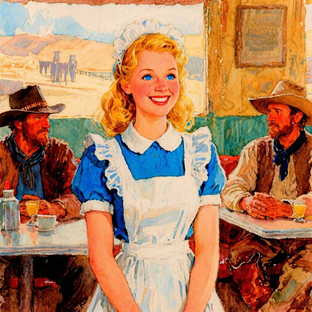 Impressionistic Watercolor of Waitress with Cowboys