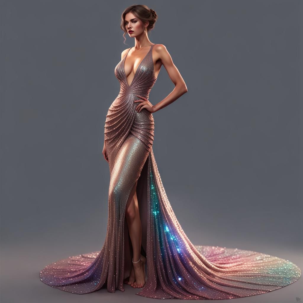 Sequin Evening Gown Portrait in Hyperdetailed Digital Art