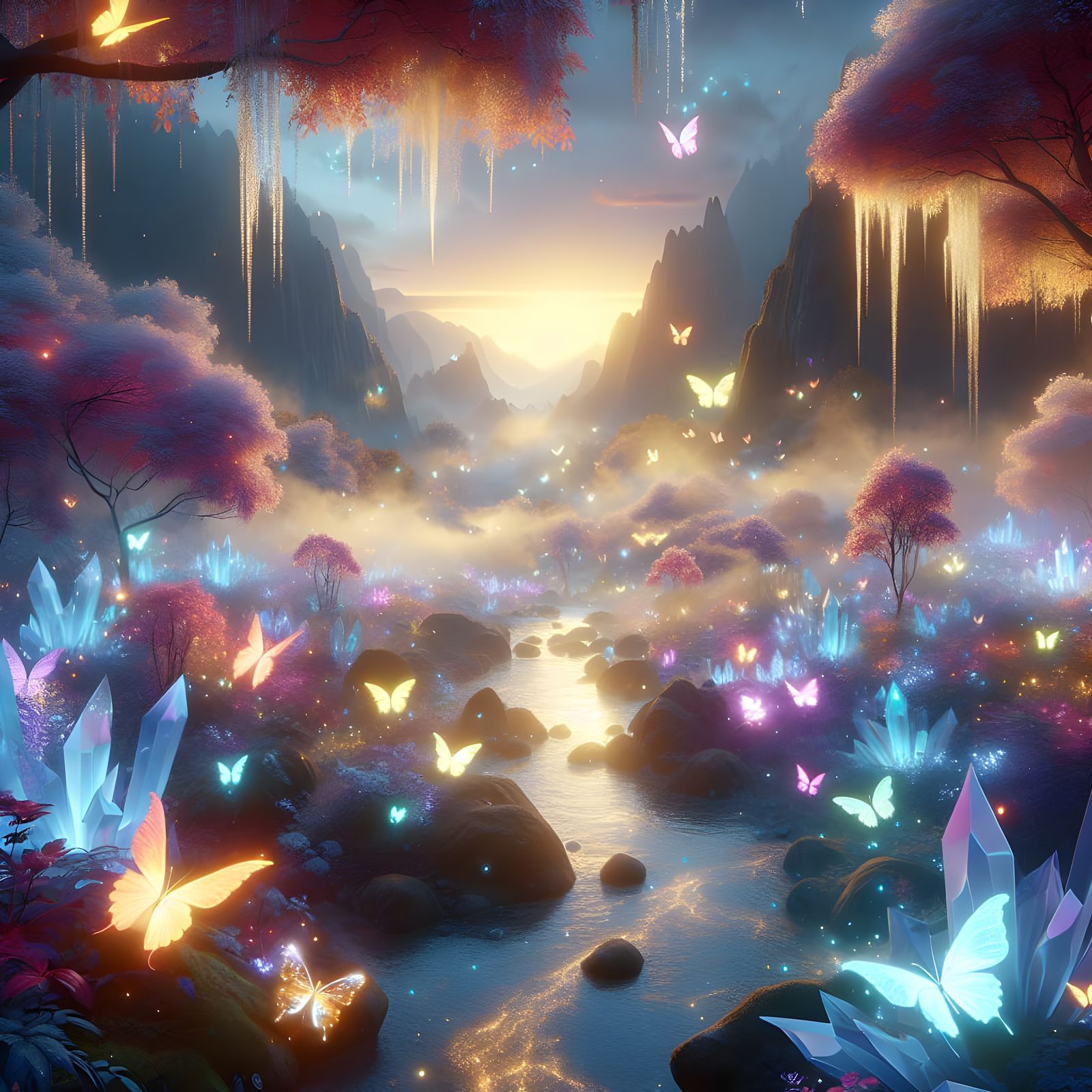 Dreamlike Valley with Luminous Flora and Fauna