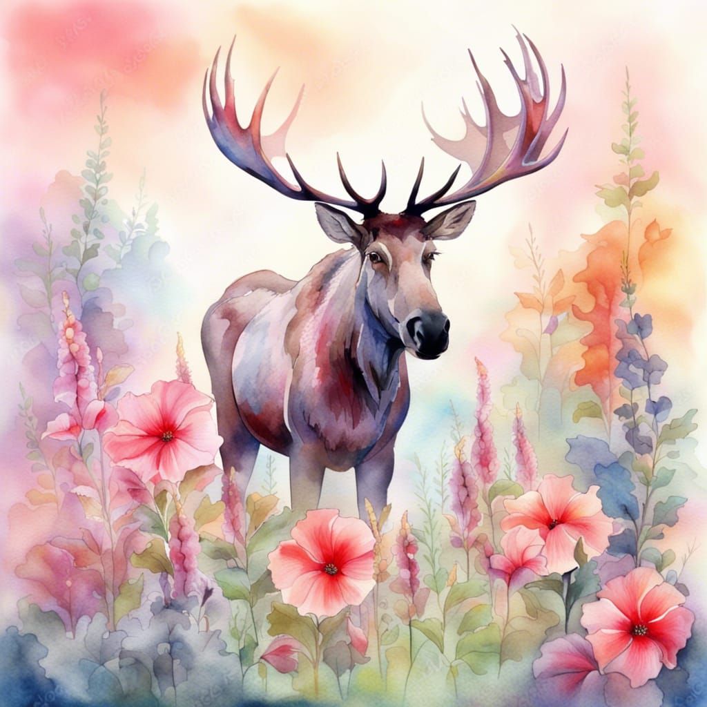 Moose in Misty Meadow Watercolor Painting