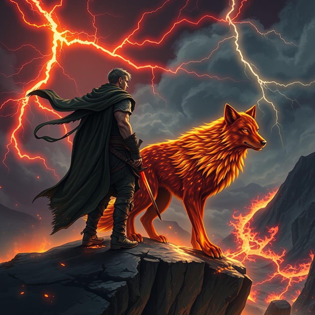 Warrior and Fire-Wolf on Glowing Cliff Edge