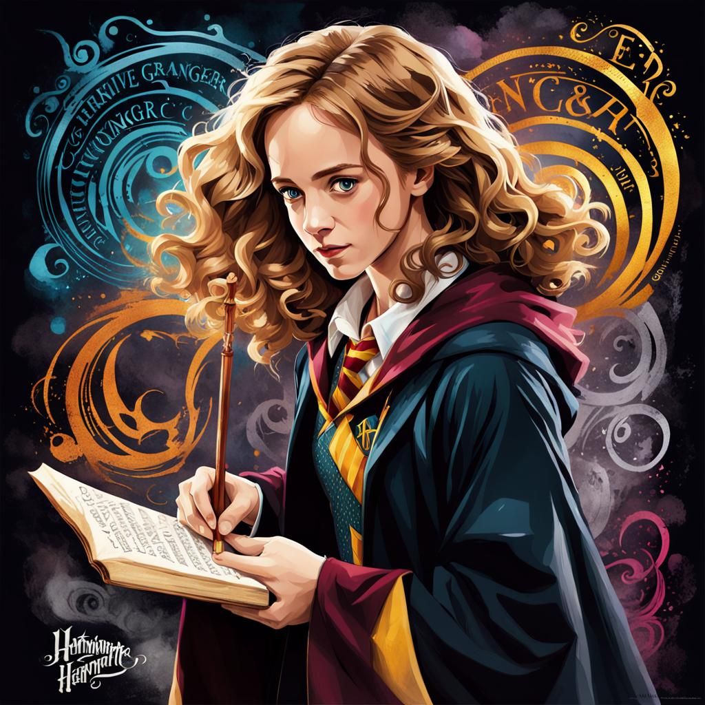 Hermione Granger Portrait with Calligraphic Ink Lettering