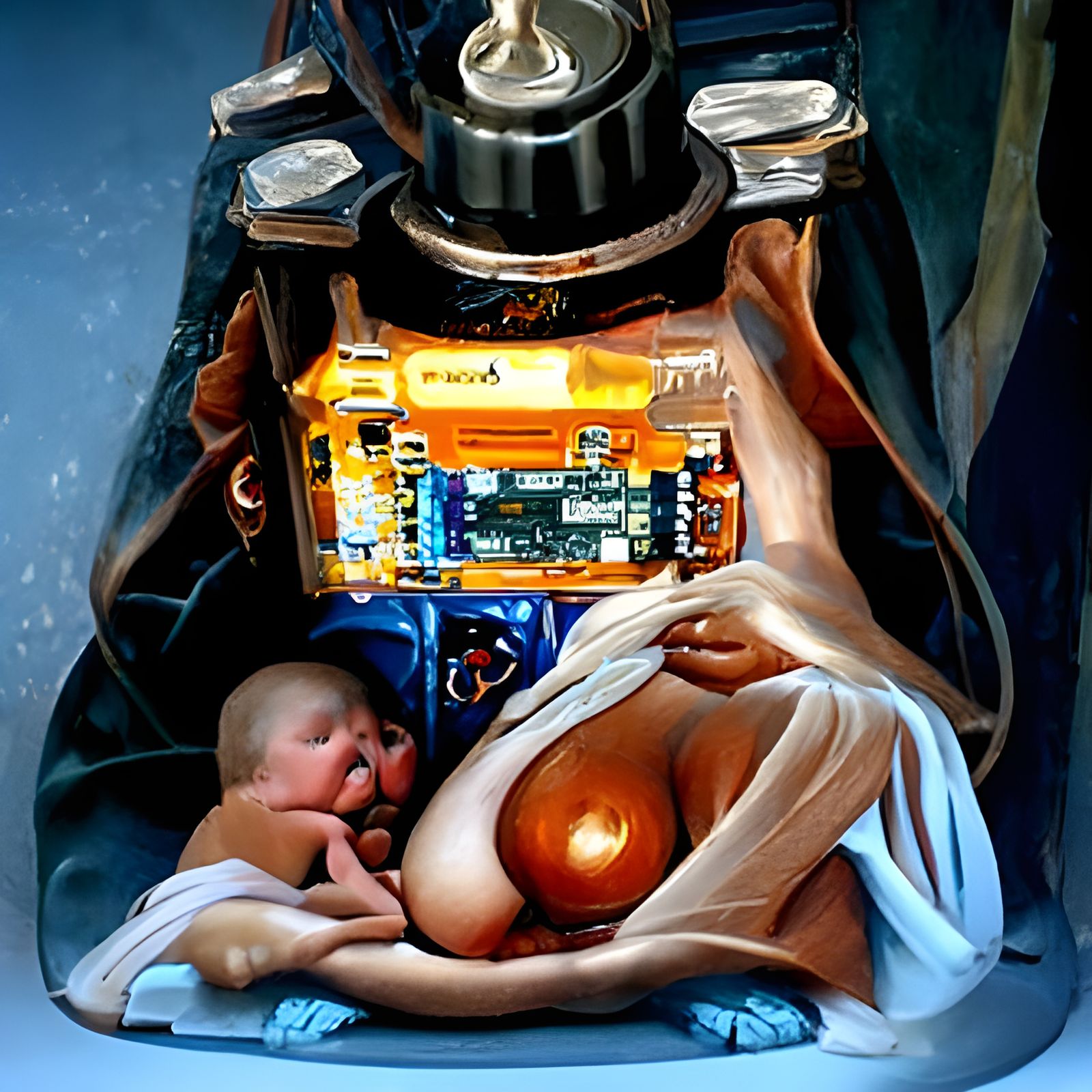Surreal Breastfeeding Motherboard as Oil Painting