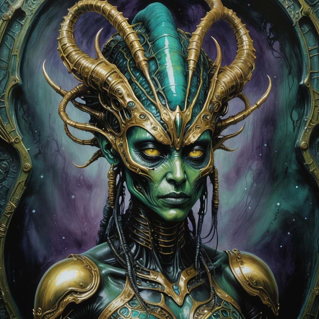 Green Xenomorph Orc in H.R. Giger Style