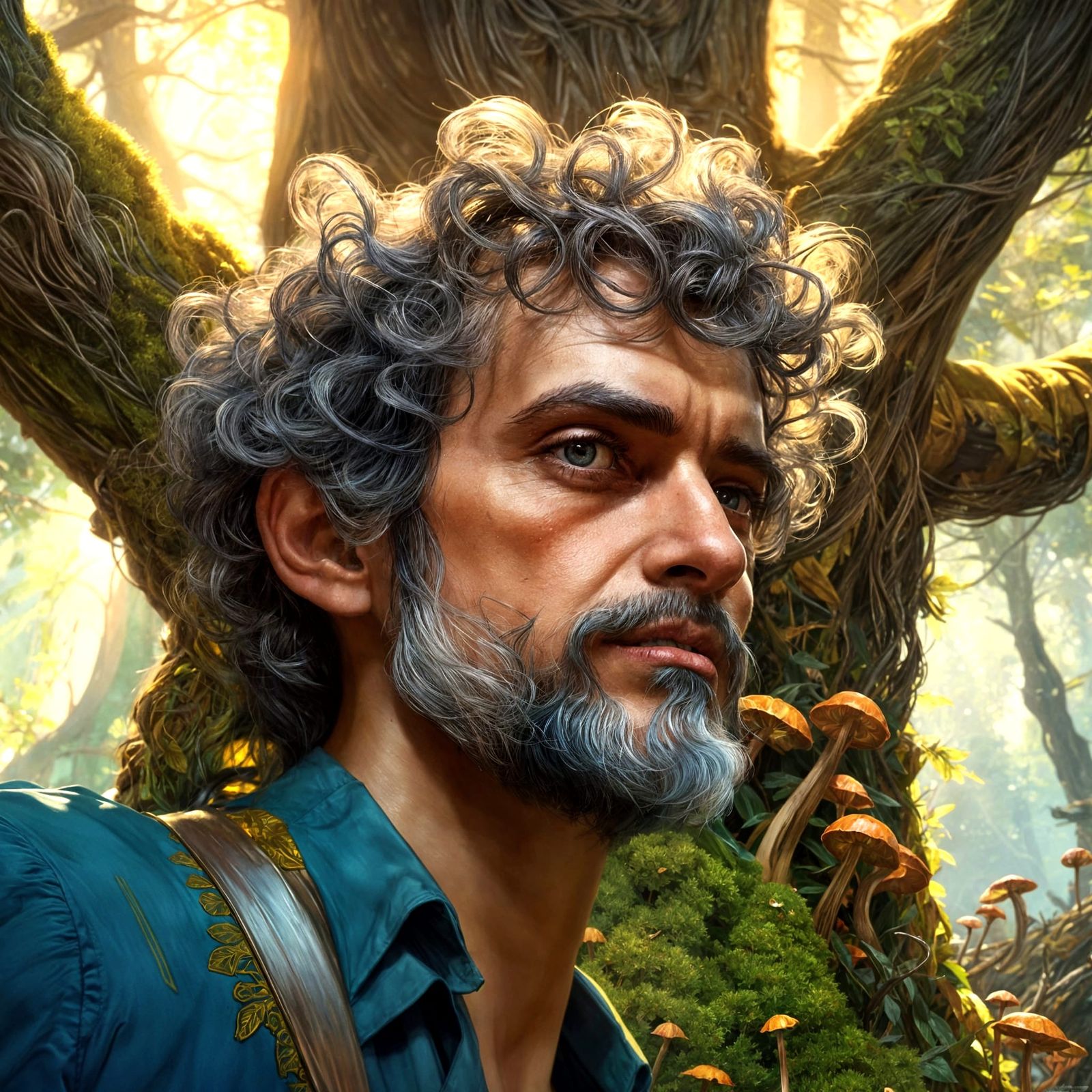 Psychedelic Portrait of Man Smoking Pipe Under Mushroom Tree