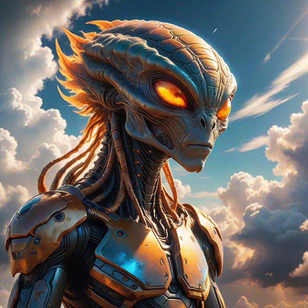 Ethereal Alien Amidst Celestial Clouds in Vibrant Digital Ar...