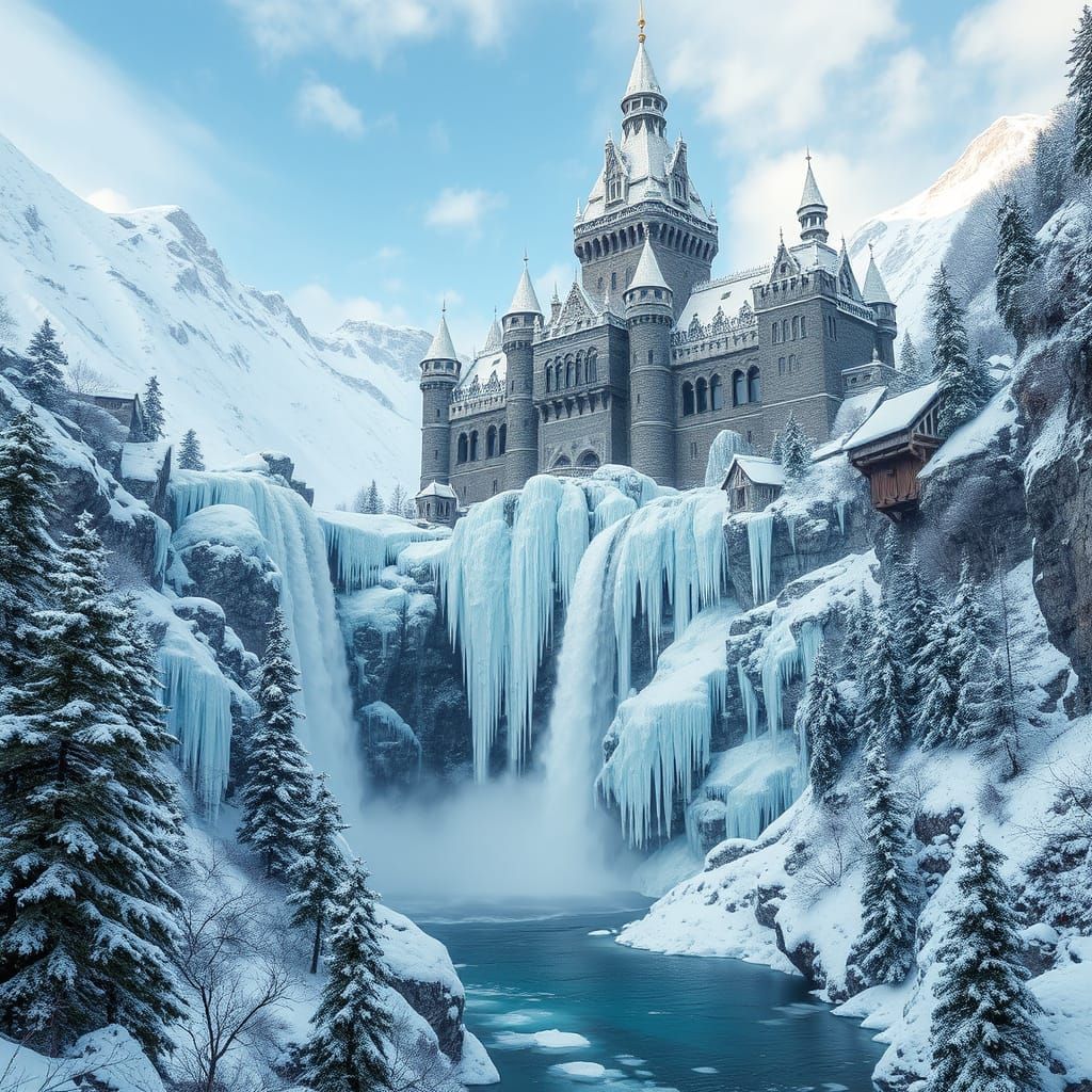 Snow-Encrusted Castle Amidst Frozen Waterfalls