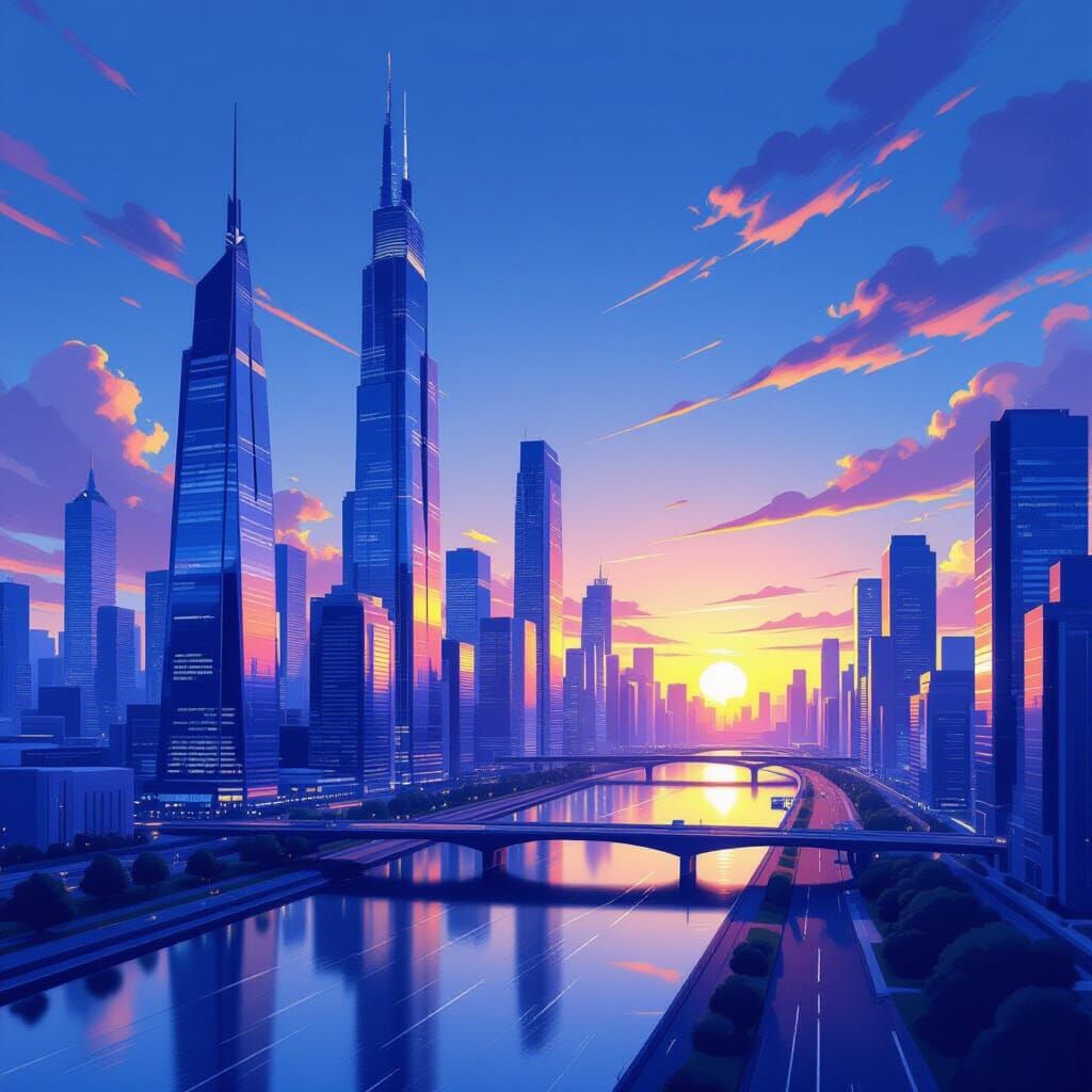 Futuristic Cityscape at Sunset in Digital Art Style