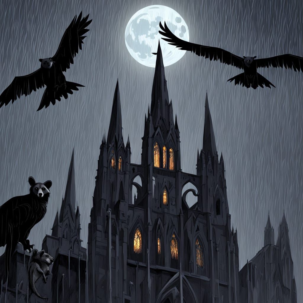 Gothic Cathedral Gargoyle Animals in Heavy Rain