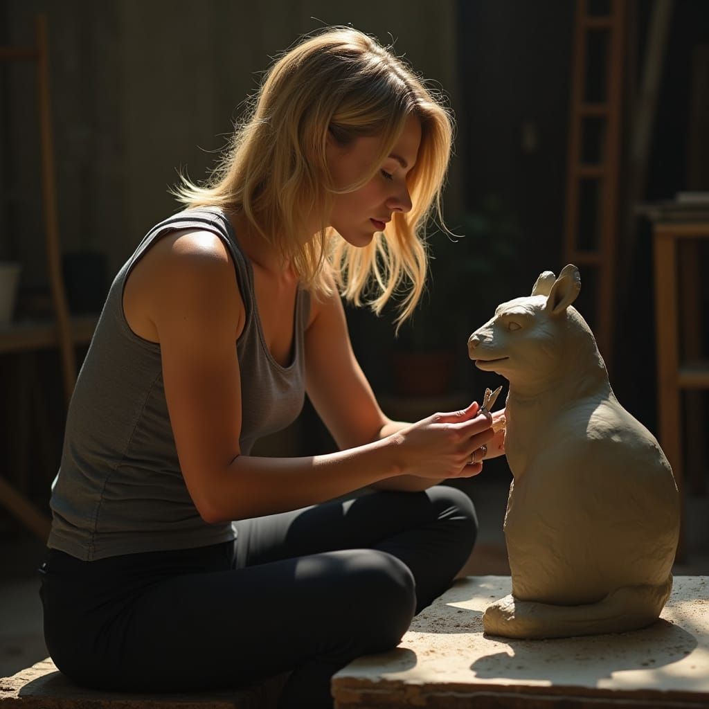 Woman Sculpting Clay in Studio, Warm Evening Light