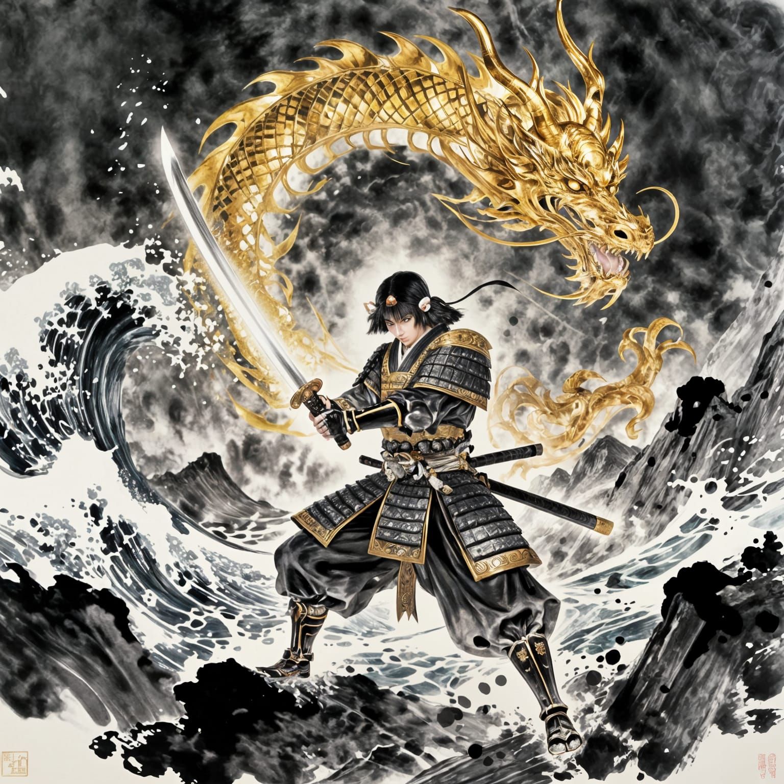 Samurai Warrior Battles Dragon in Stormy Sea Ink Wash