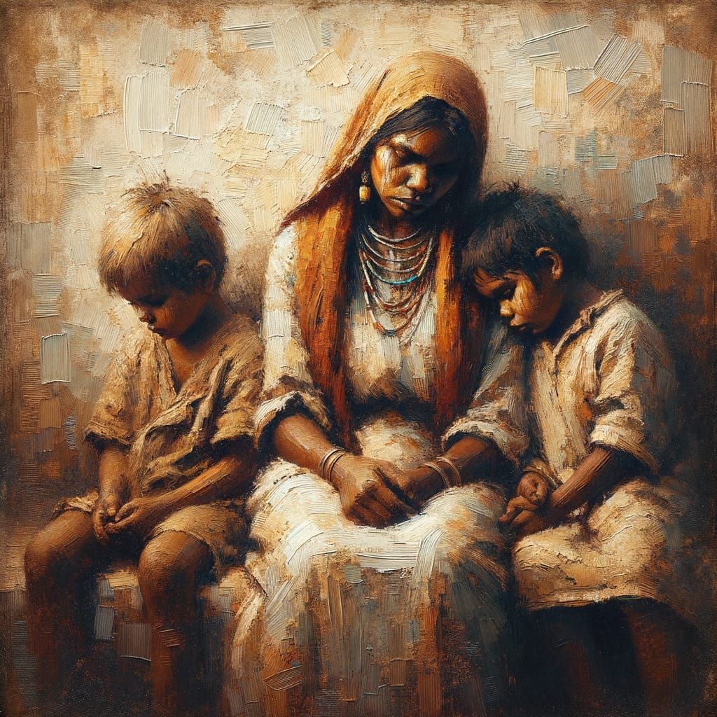 Poignant Portrait of Indigenous Mother in Impasto Oil