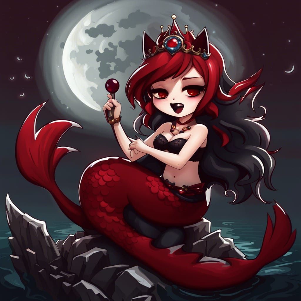 Chibi Siren Wolf Mermaid Singing at Night