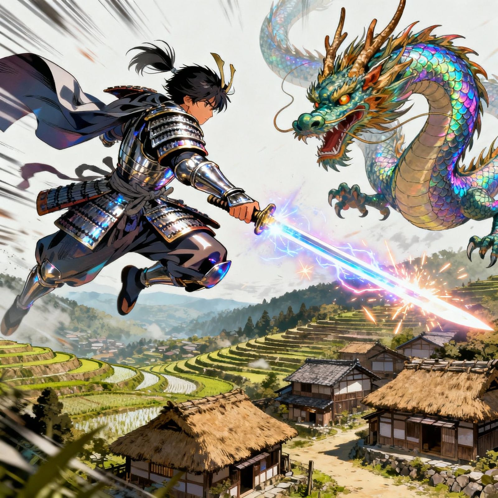 Anime Samurai Battles Dragons Over Medieval Japan