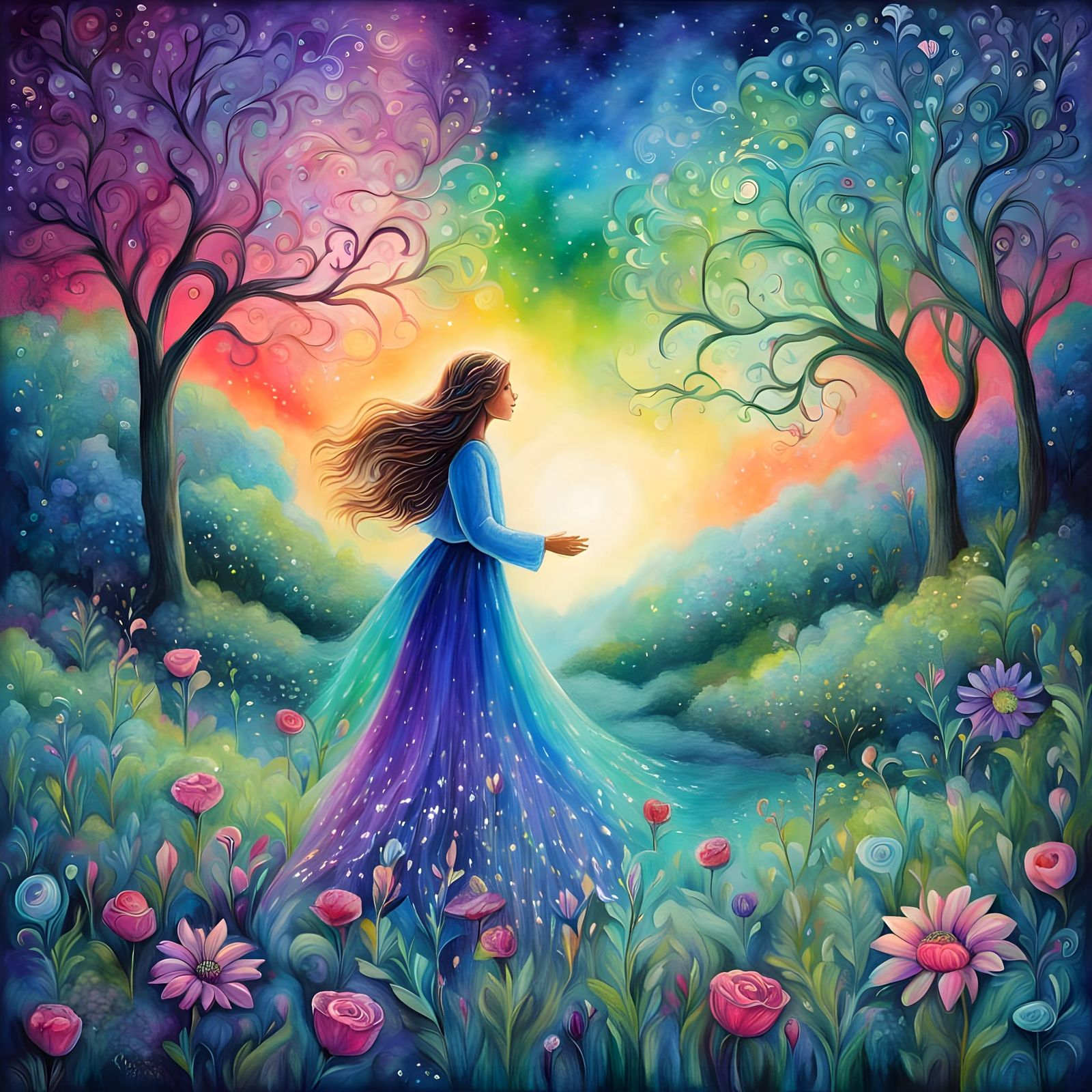 Serenely Beautiful Woman Wanders into a Fantastical Garden o...