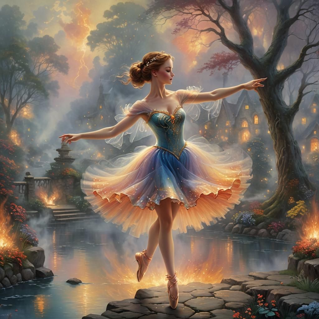 Ethereal Fire Ballerina in Fantasy Landscape