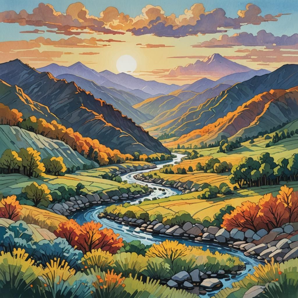 Gouache Landscape Painting with Colorful Valley