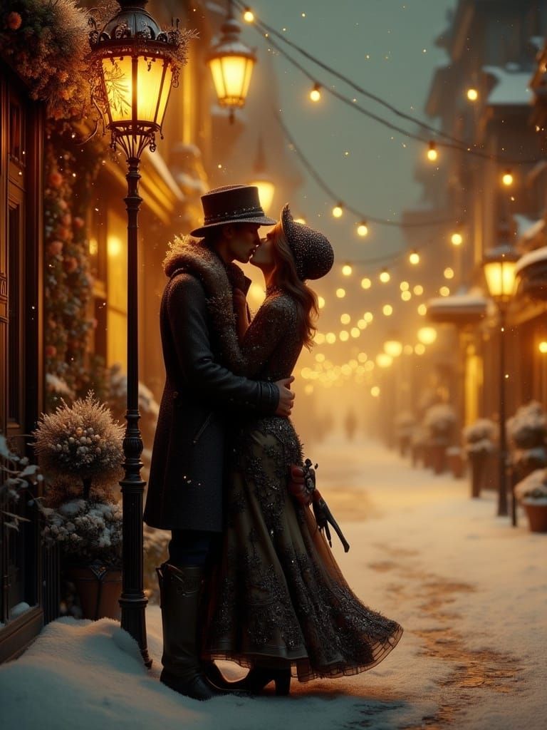 Romantic Snowfall Scene in Art Nouveau Punk Style
