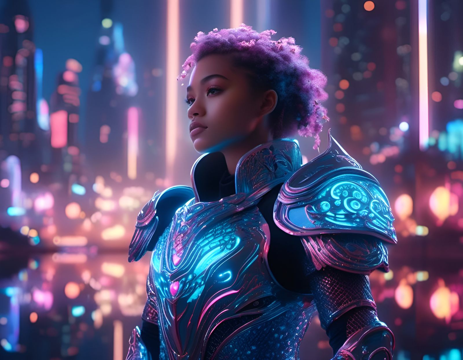 Bioluminescent Knight in Sci-Fi Cityscape