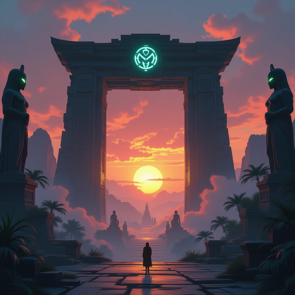 Infinity Gate in Star Temple: Retro-Futuristic Sci-Fi Art