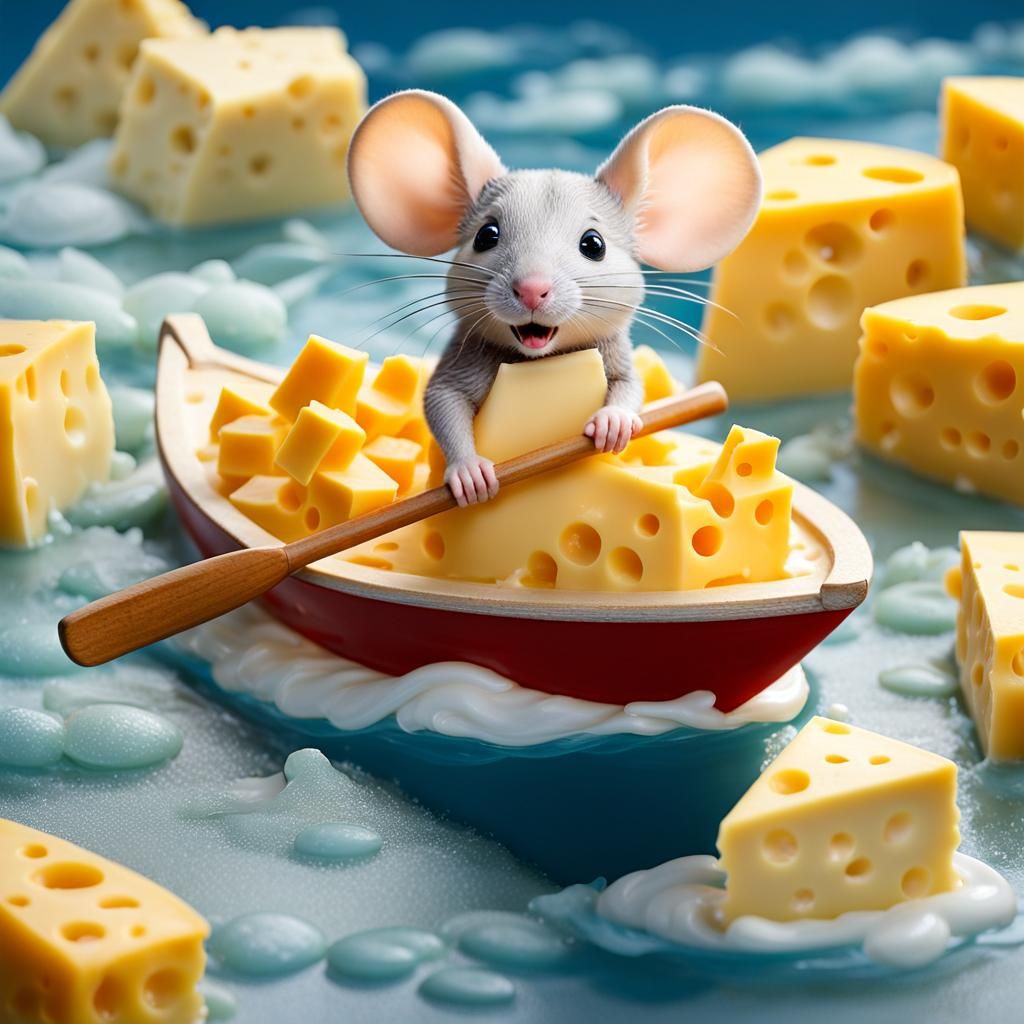 Mouse Sailing Cheese Boat on Milk River