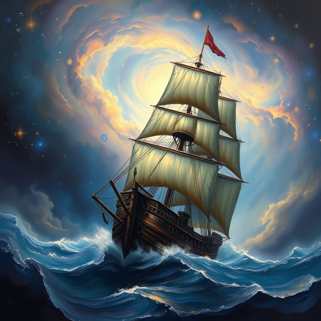 Ancient Sailing Ship in Cosmic Nebula