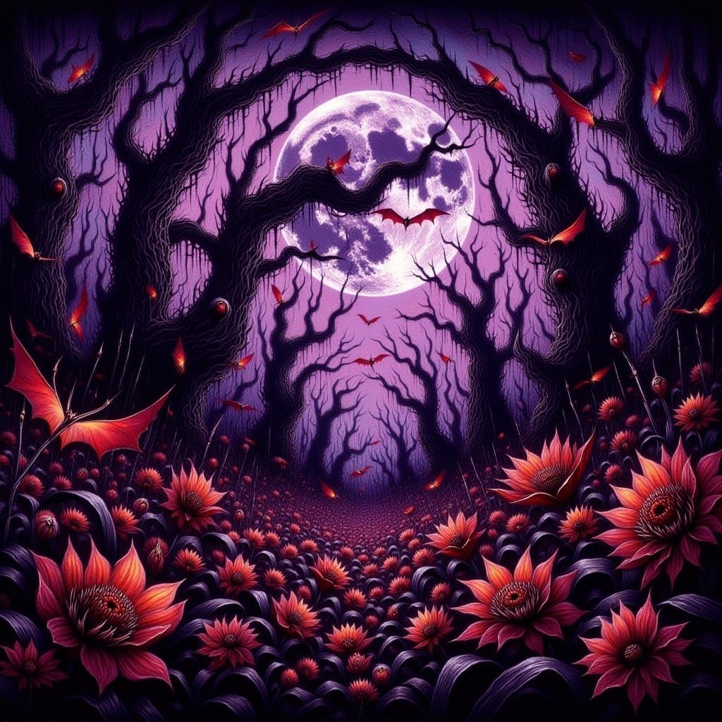 Thorny Lunar Crescent in Dark Fantasy Digital Watercolor