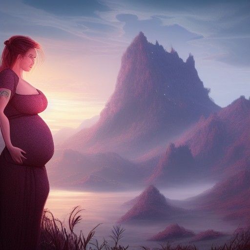 Pregnant Woman Watching Sunrise: Fantasy Concept Art