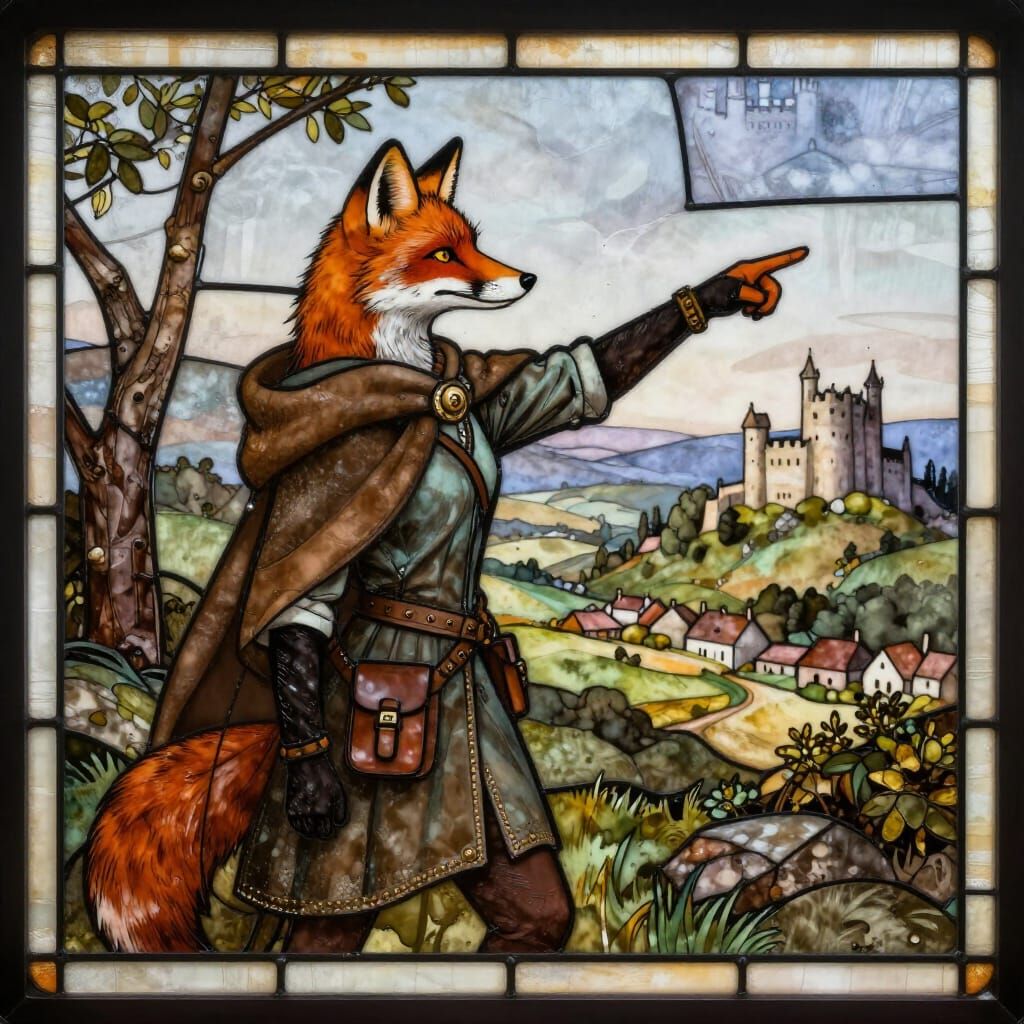 Foxy Adventurer in Stained Glass Affresco Style