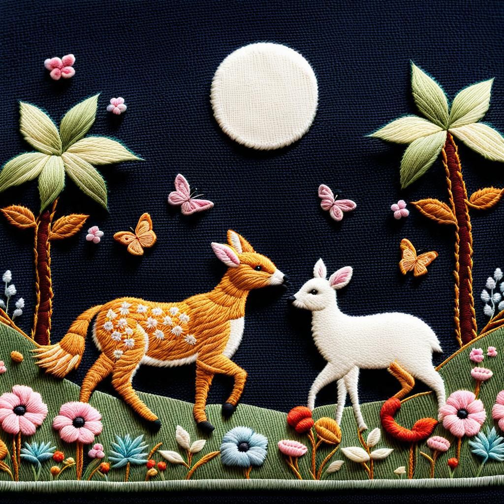 Embroidered Whimsical Animal Scene in Macro Detail