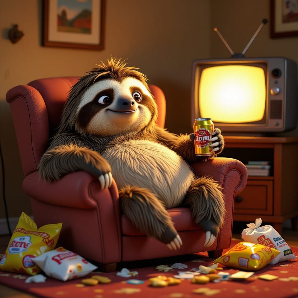 Overweight Sloth Relaxing with Beer and Snacks in Cartoon St...