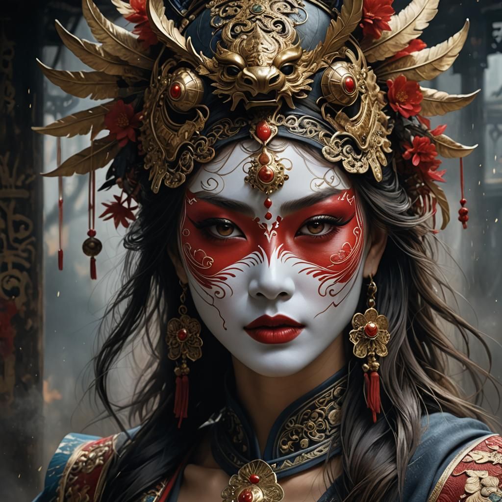 Woman with Chinese Mask in Detailed Matte Painting
