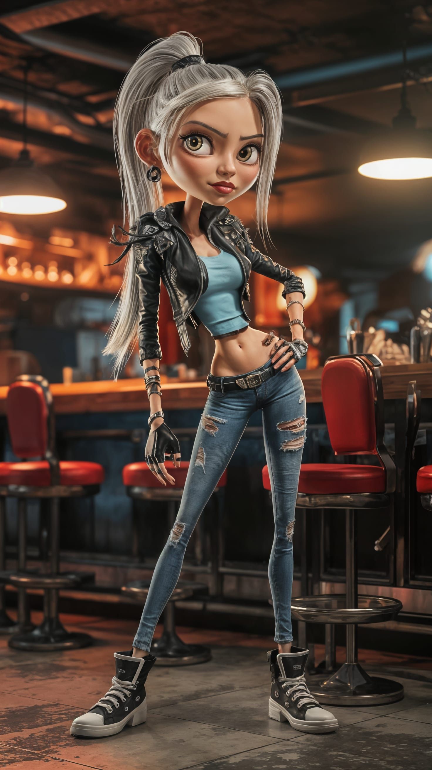 Cartoon Biker Woman in Smokey Biker Bar
