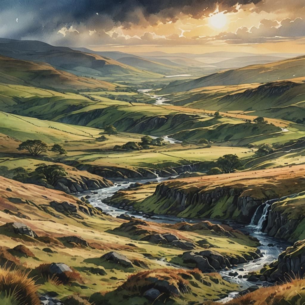 Scottish Moors Landscape in Watercolor Style