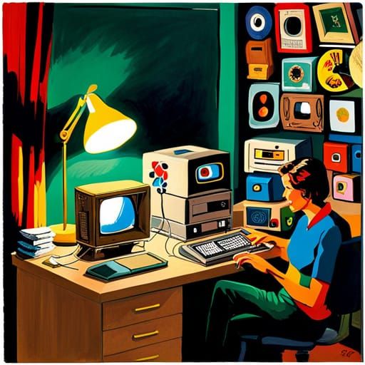 Teen Bedroom with 80s PC, Impressionist Painting