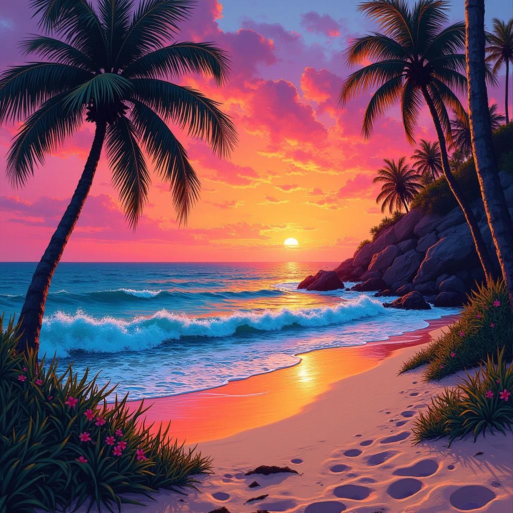 Colorful Sunrise Beach with Abstract Graffiti Art