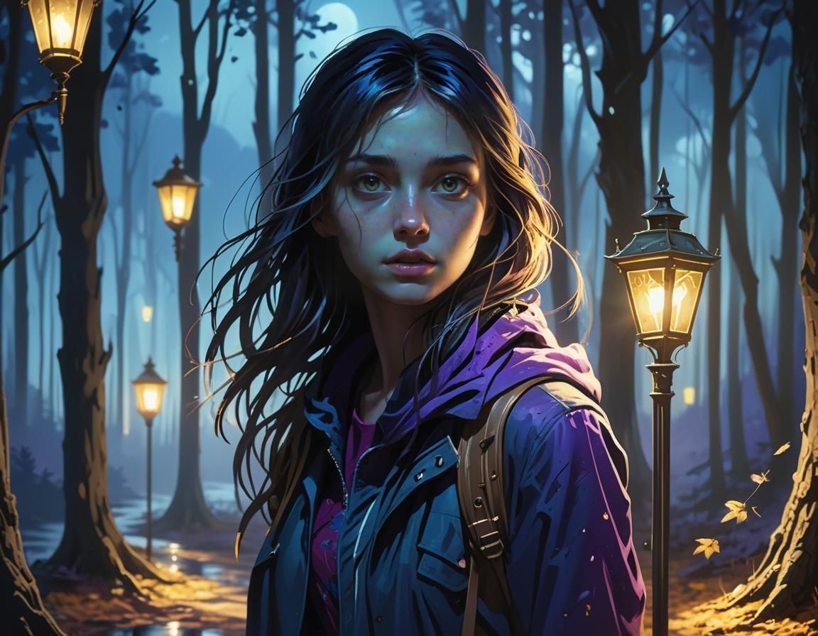 Ethereal Woman Embracing Shadows in a Dark Forest