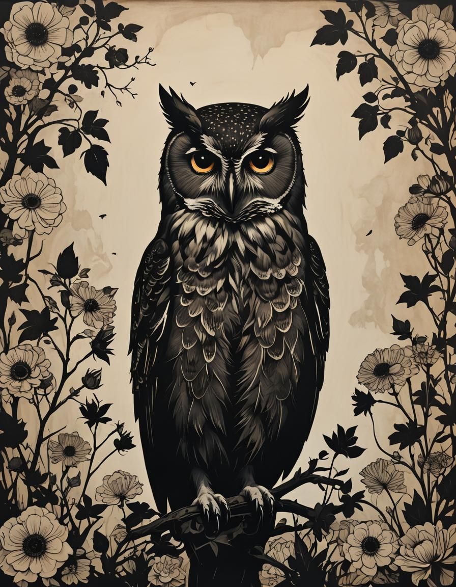 Silhouette Owl and Flowers in Contemporary Art Style