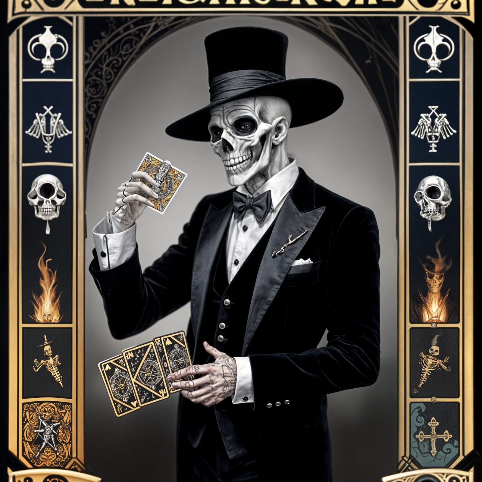 A Dapper Skeleton Magician at Work with Tarot Cards in a Hyp...