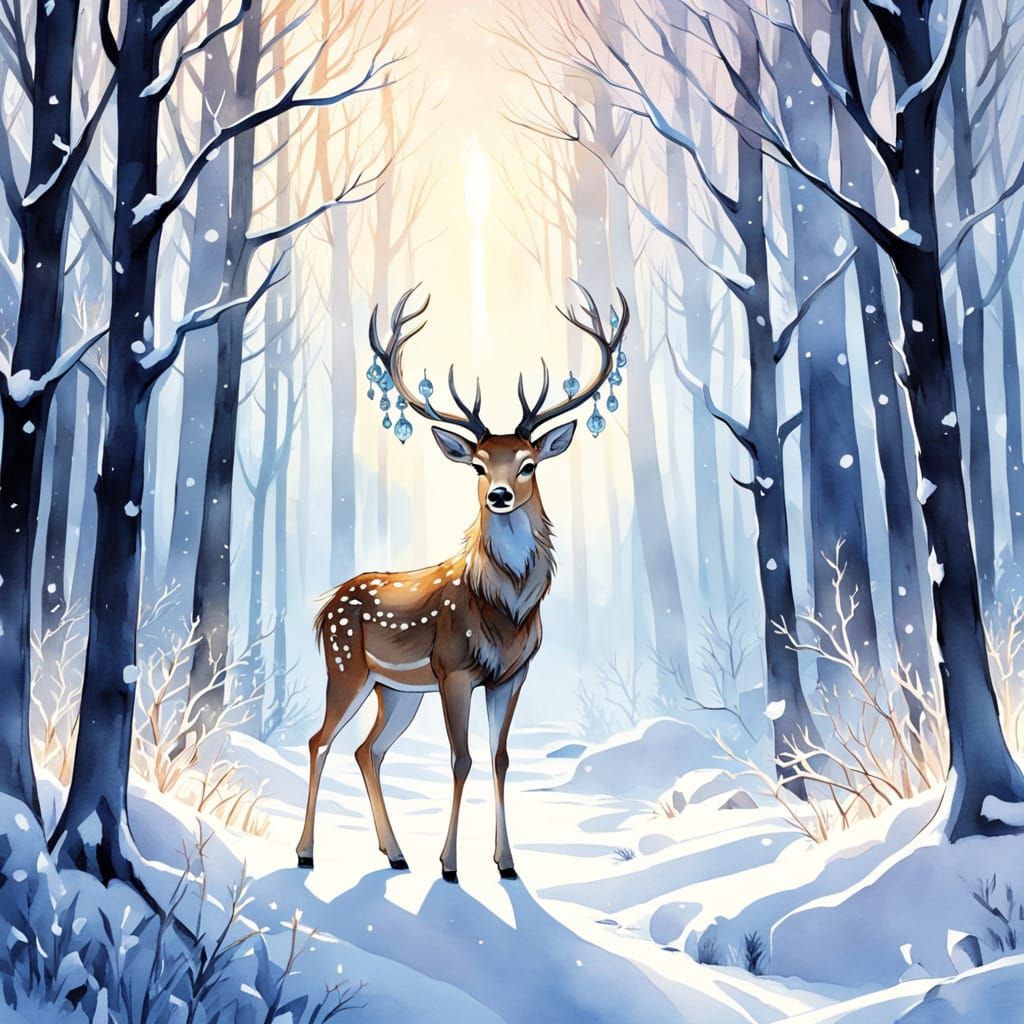 Moonlight Deer in Winter Forest, Watercolor Style