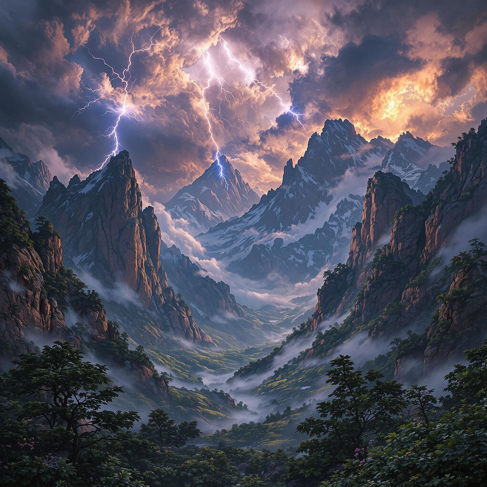 Dramatic Mountain Landscape with Lightning in Matte Painting...