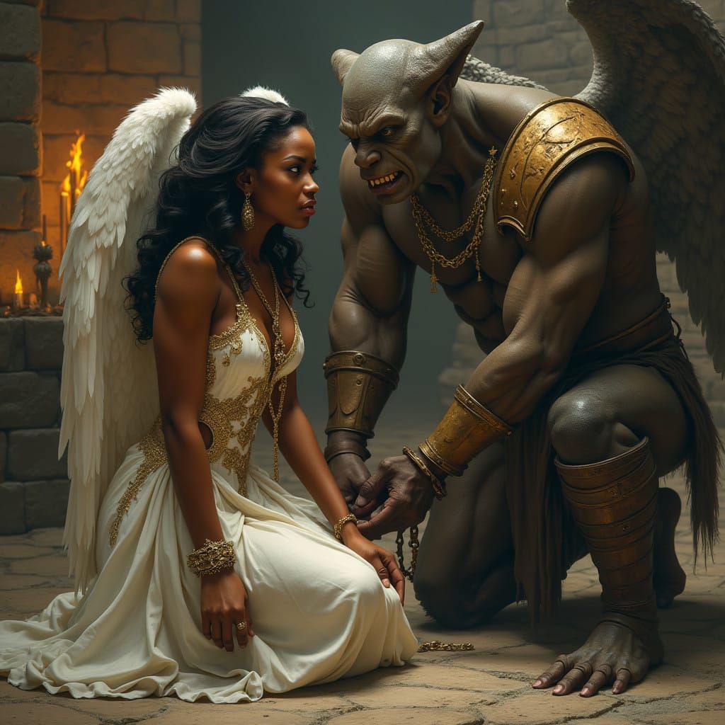 Victorious Angel Defies Chains in a Haunting Temple Scene