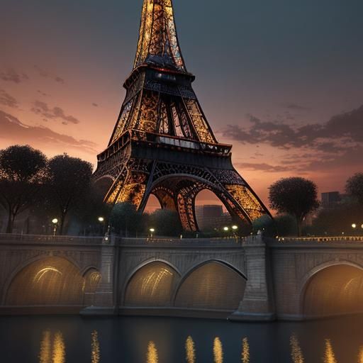 Eiffel Tower Sunset: Hyper-Realistic Art Nouveau Concept