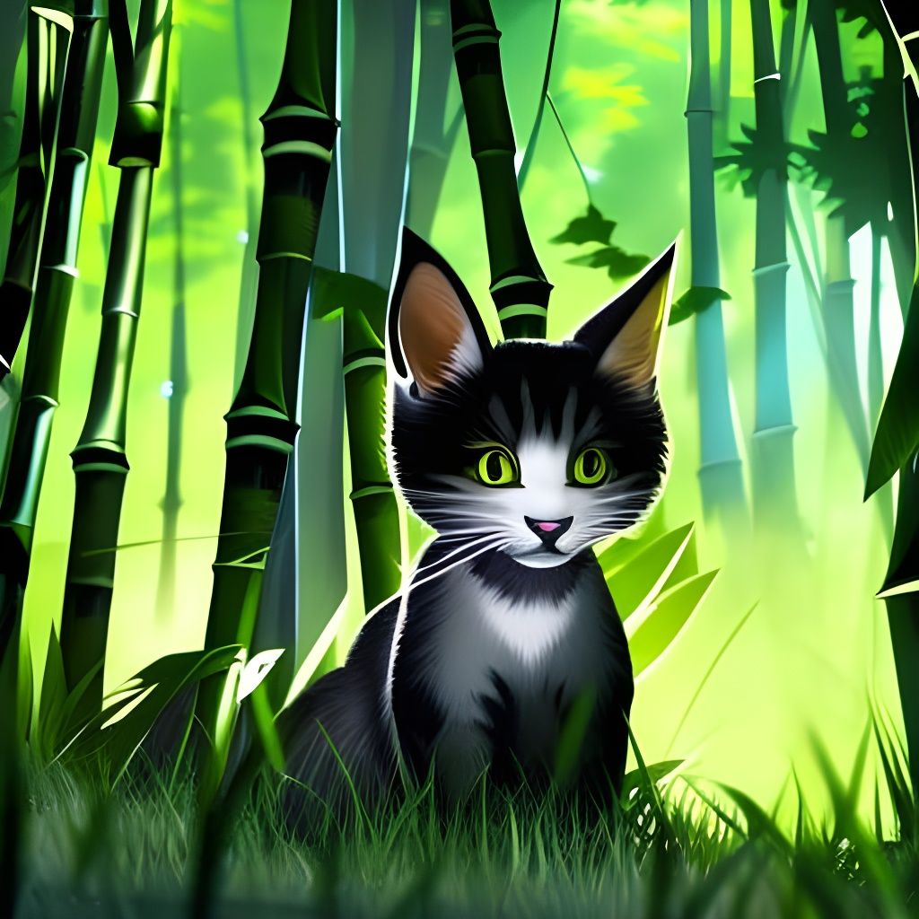 Giant Adorable Kitten in Bamboo Jungle at Night