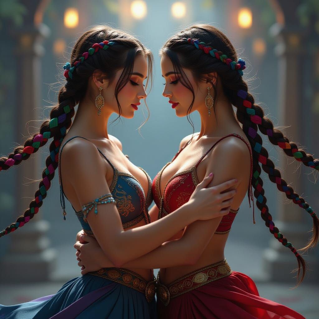 Two Women Dancing with Colorful Braids in Dramatic Light