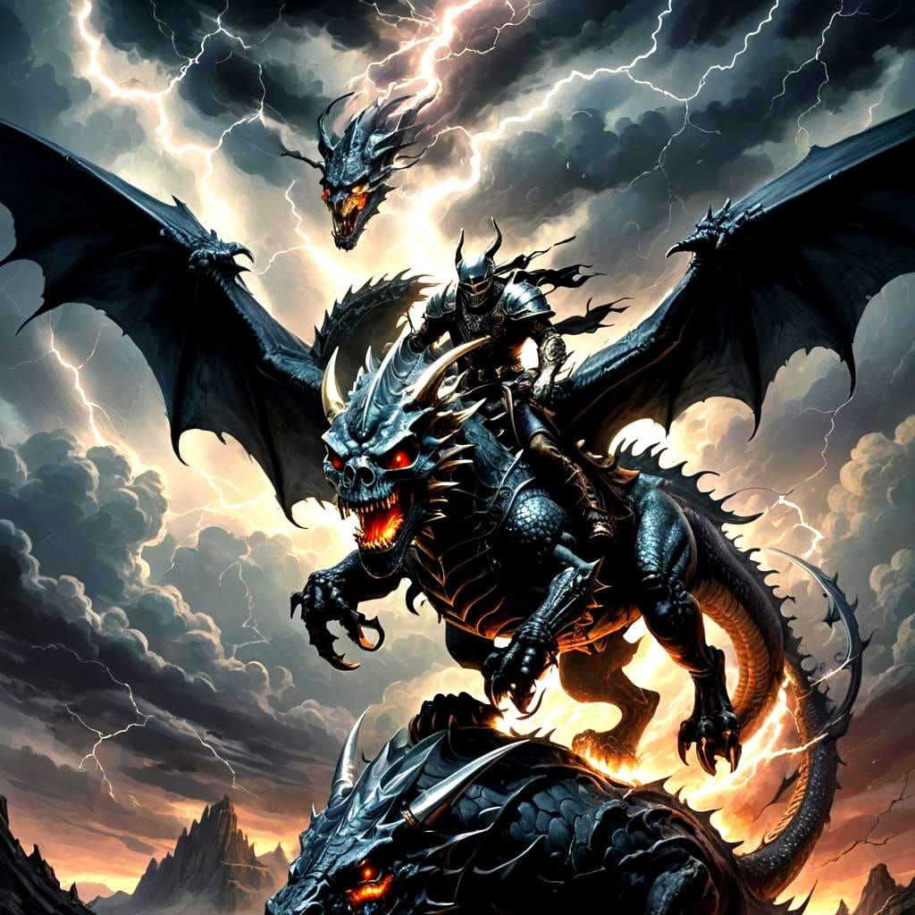 Skull Rider on Black Dragon in Stormy Sky