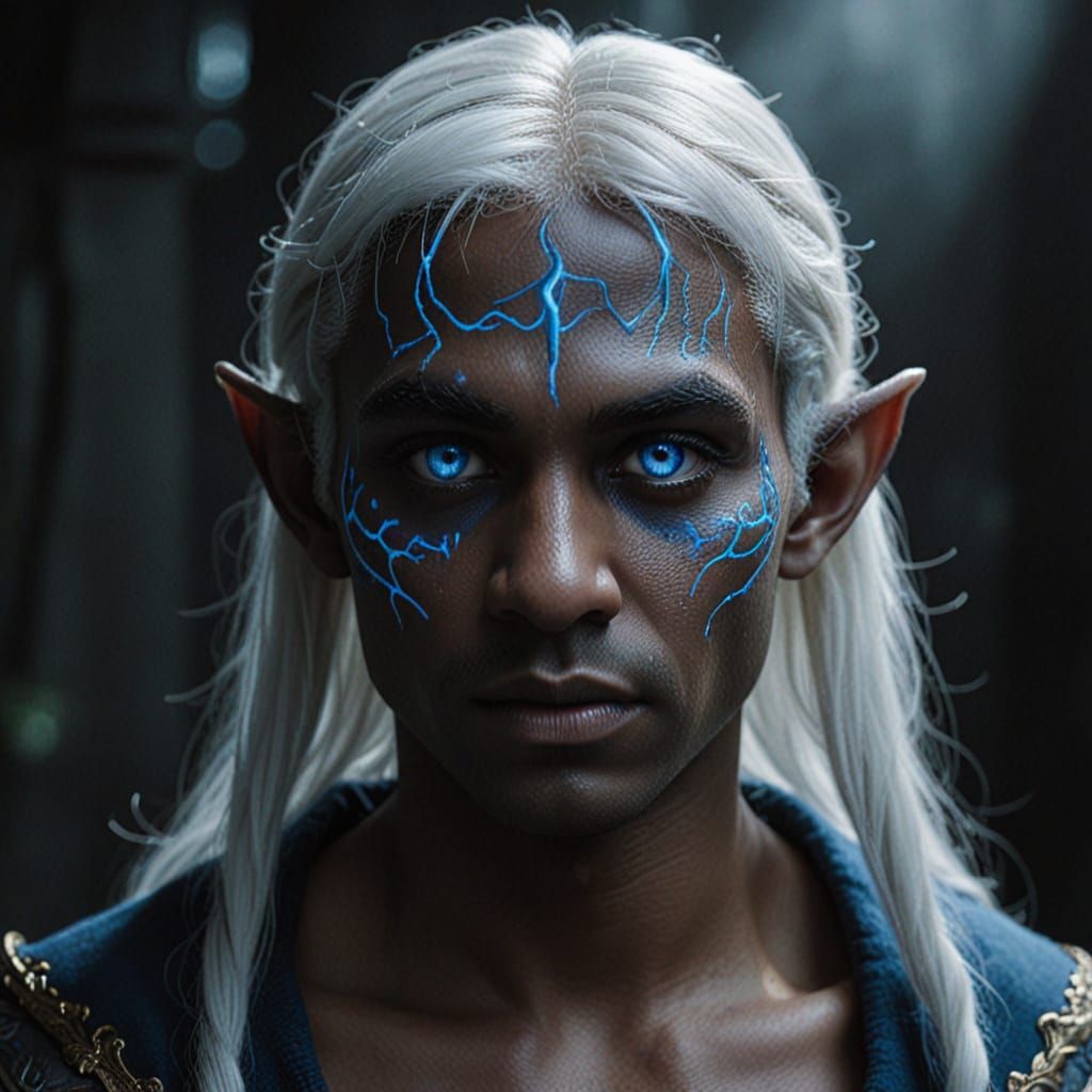 Dark Fantasy Elf with White Hair and Blue Eyes