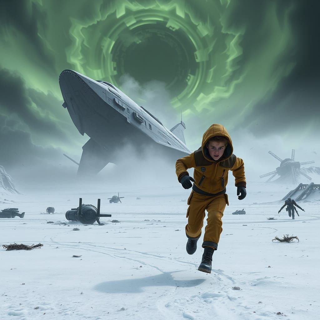 Boy Sprints Across Icy Tundra in Futuristic Ruins