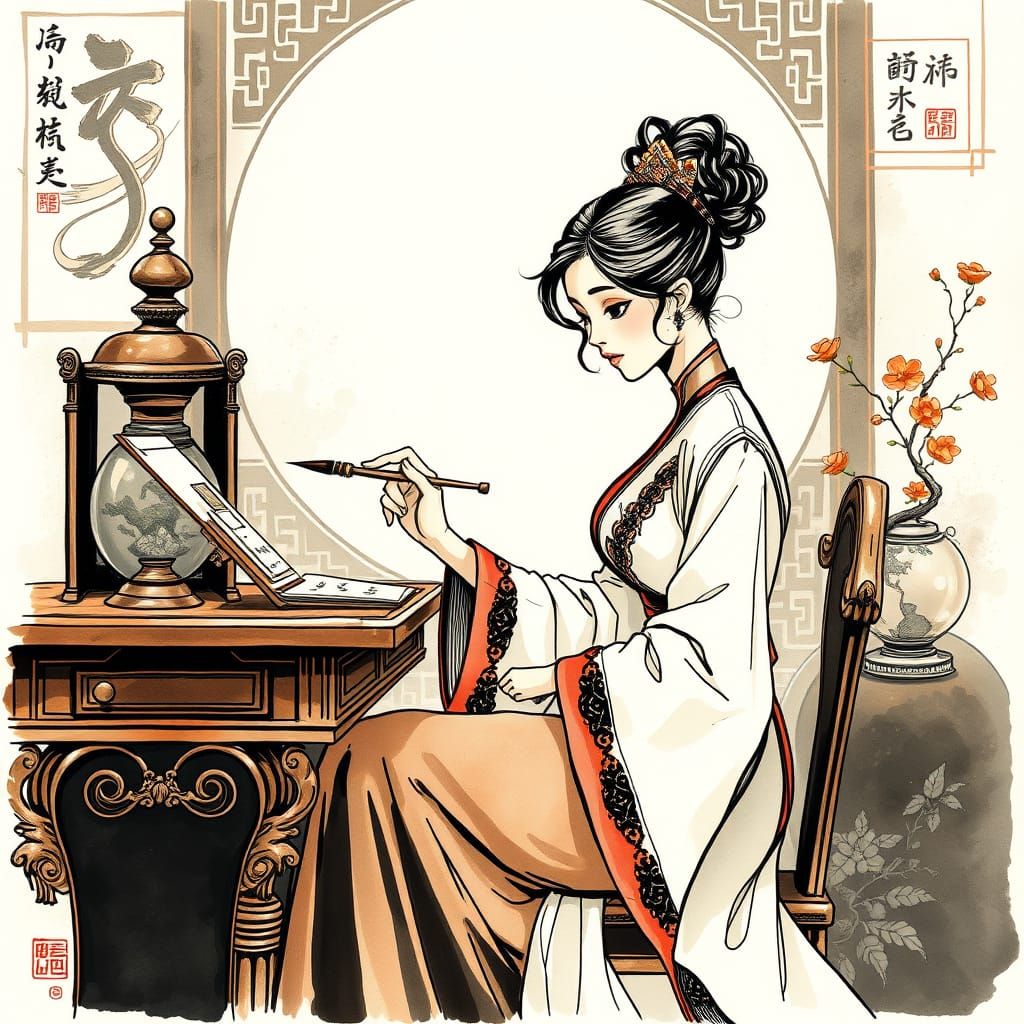 Elegant Woman Painting with Ink in Moebius Style